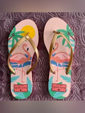 kate spade Pink Flamingo Print Flip Flop Sandals with Gold Straps